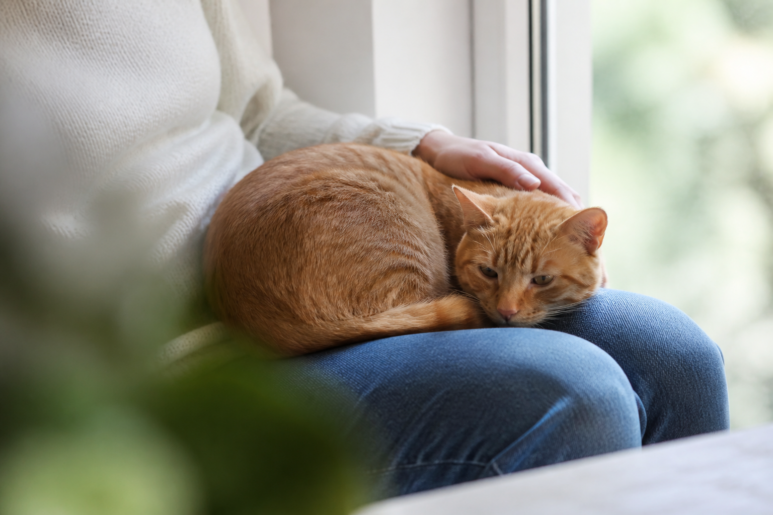 Chat roux couché en boule sur les genoux d’une personne assise près d’une fenêtre