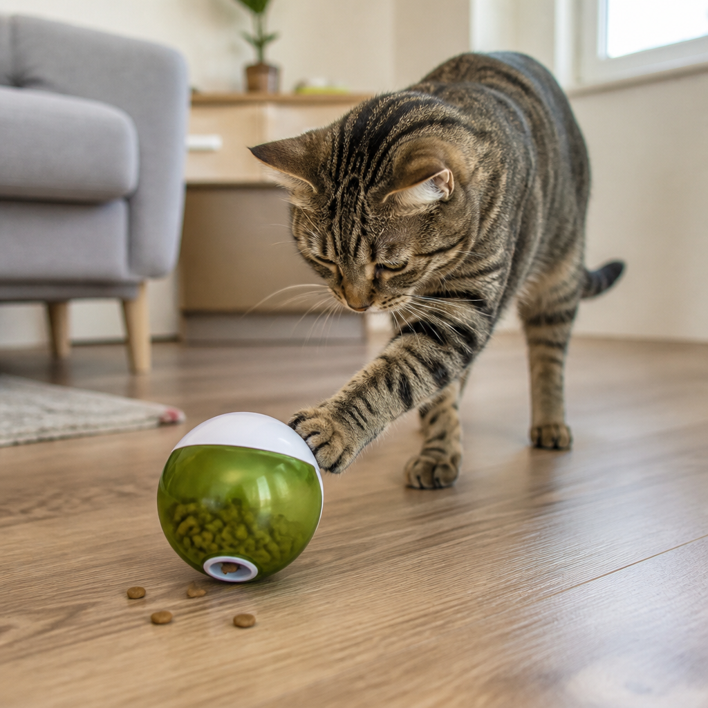Chat tigré poussant du bout de la patte un jouet distributeur de croquettes sur un parquet