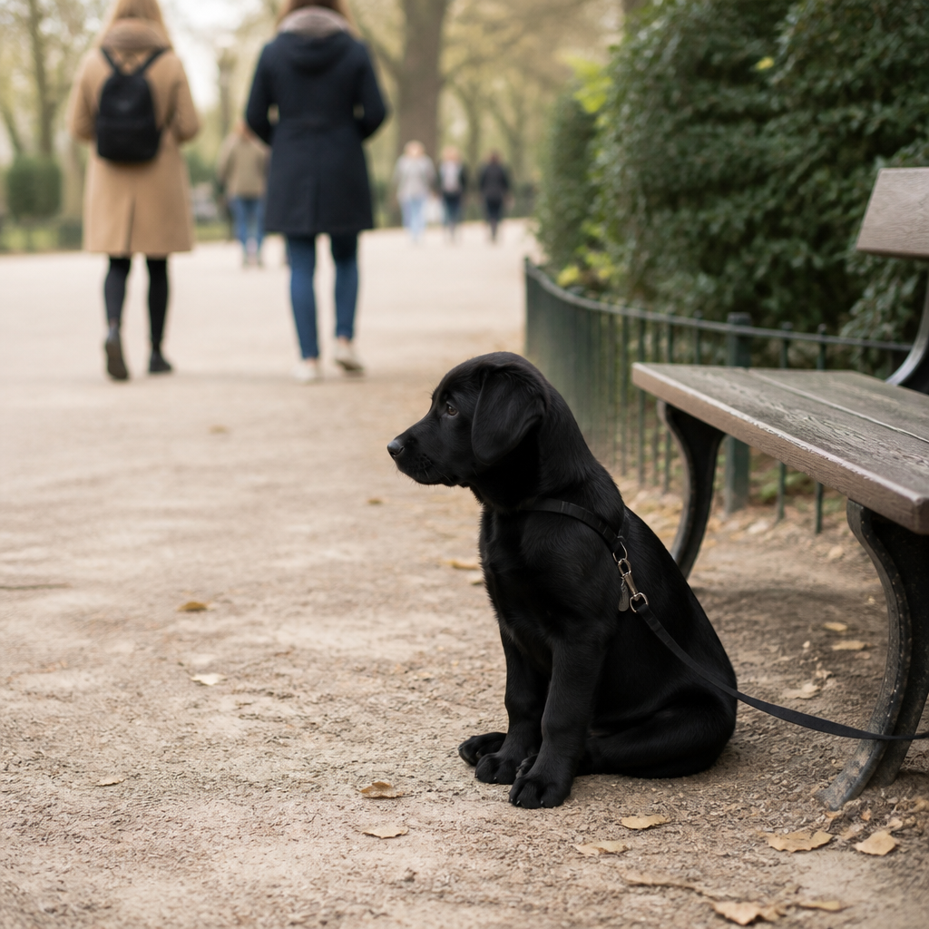 Chiot noir assis calmement au pied d’un banc pendant que des passants circulent au second plan